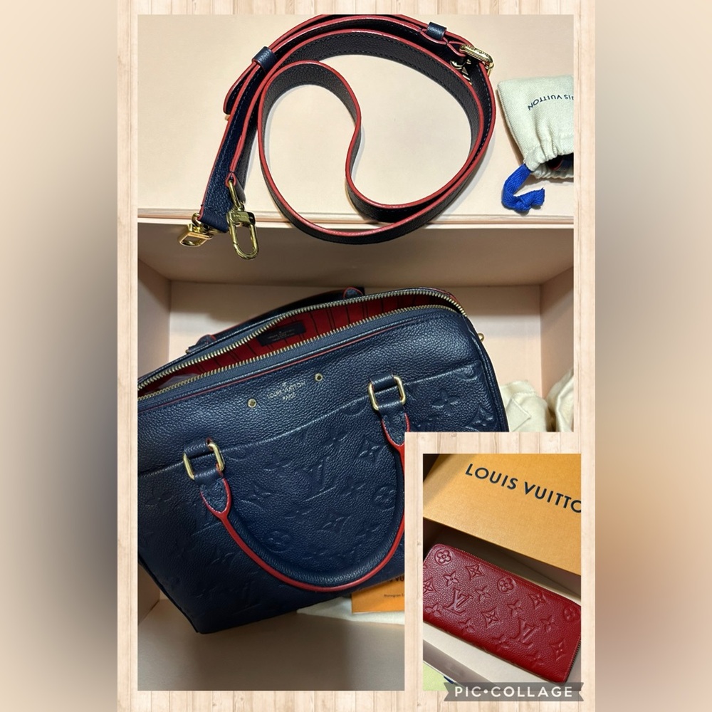 Louis Vuitton speedy 25 bandouliere navy and Louis Vuitton Clemence red wallet
